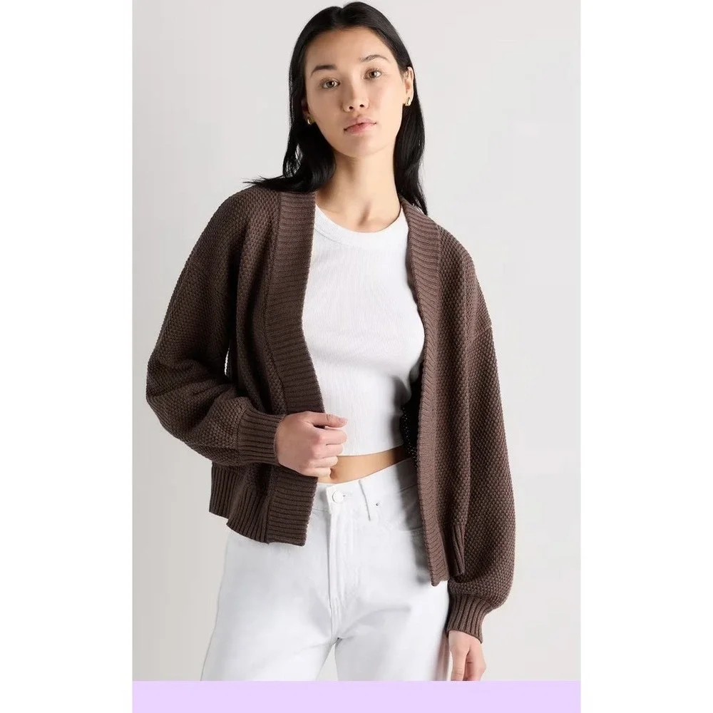 Quince 100% organic cotton waffle  open front Cardigan Sweater XS heather brown